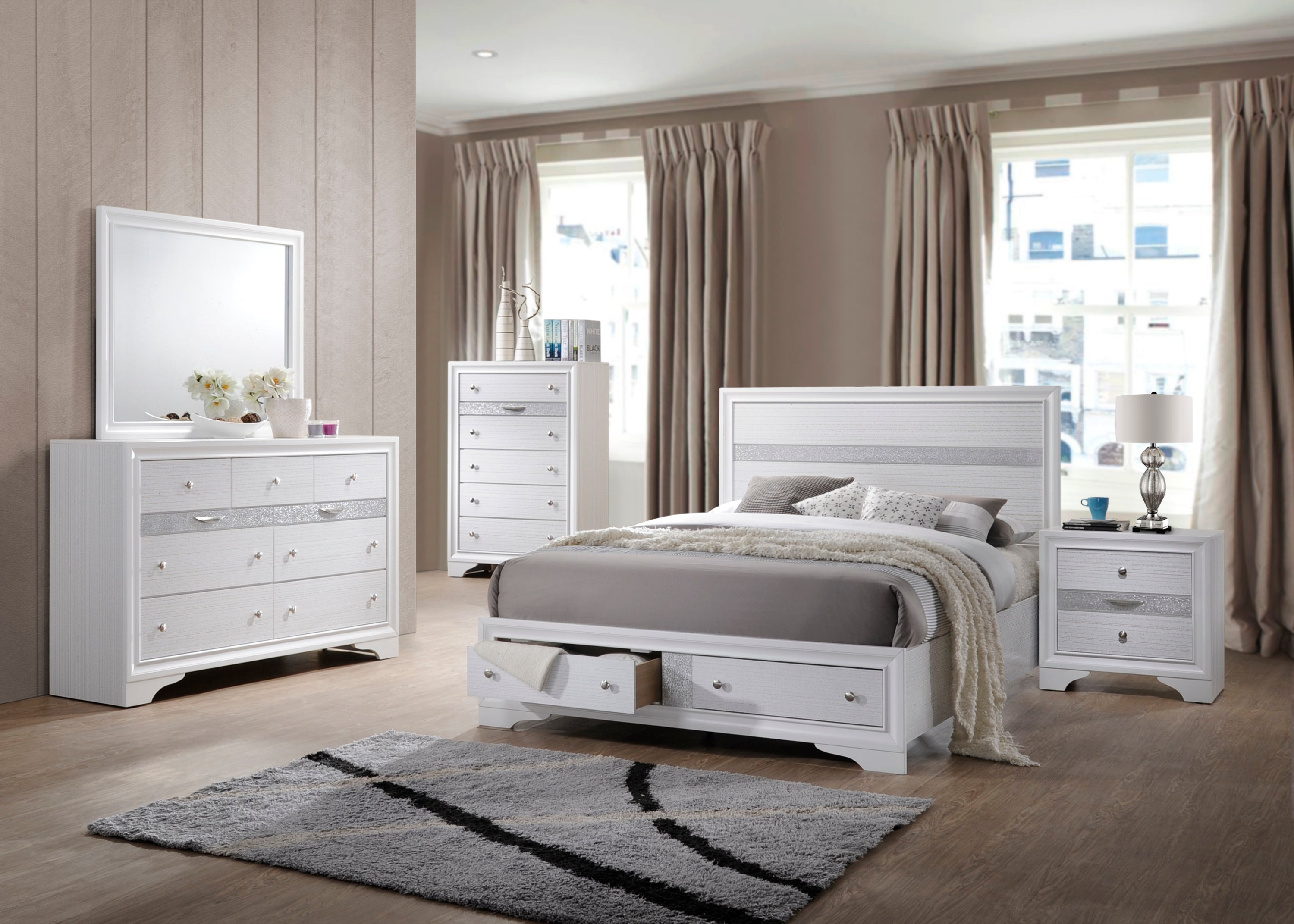 Traditional White Queen Wood Storage 5 Pc Bedroom Set