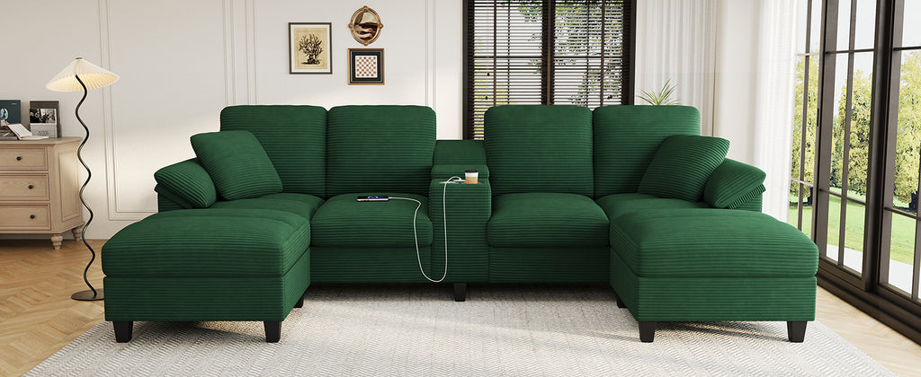 Green corduroy U-shaped sectional sofa with two ottomans and chaise