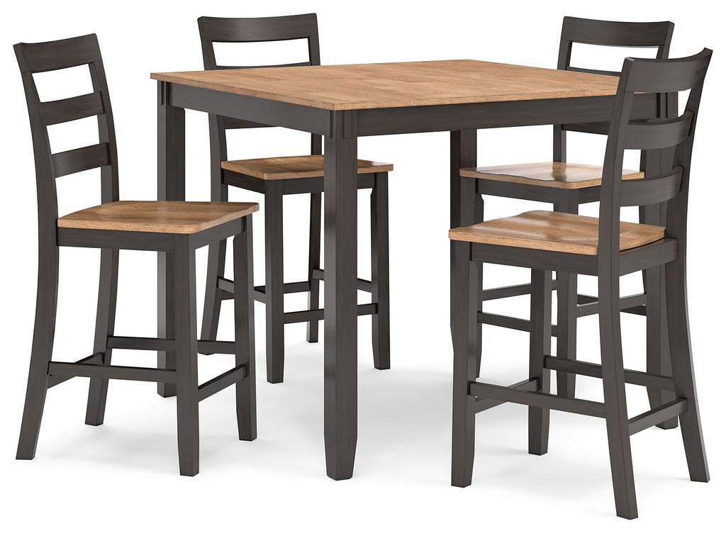 Dining table set front view with dark wood square tabletop and four ladder-back chairs