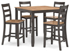 Dining table set front view with dark wood square tabletop and four ladder-back chairs