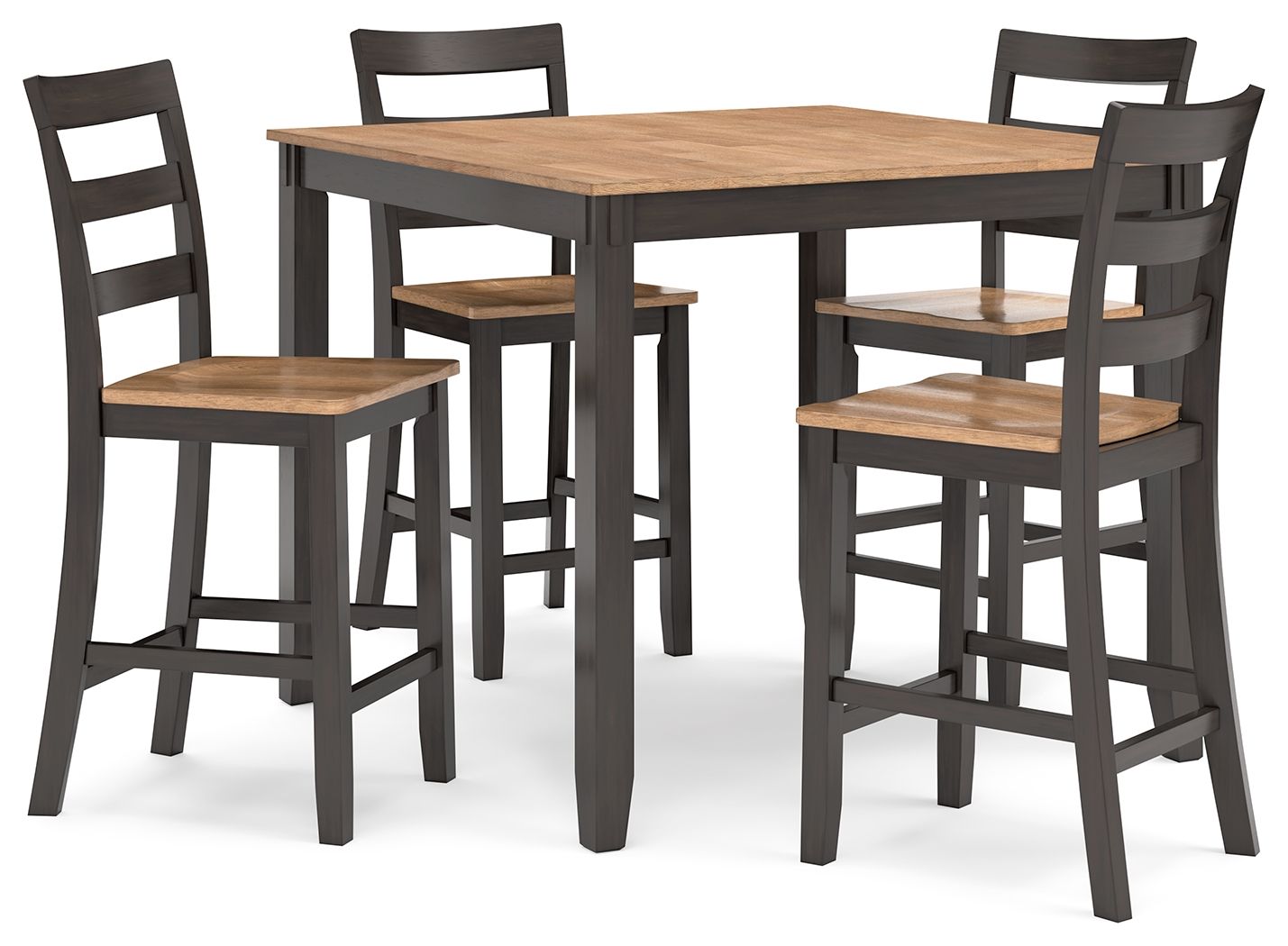 Dining table set front view with dark wood square tabletop and four ladder-back chairs