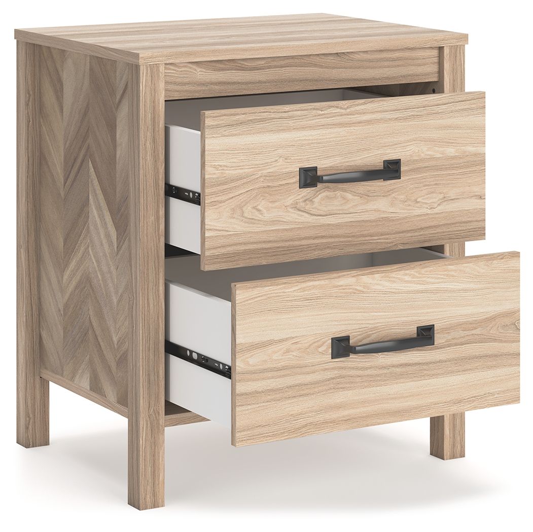 Two-drawer nightstand, light tan wood, side view with drawers partially open