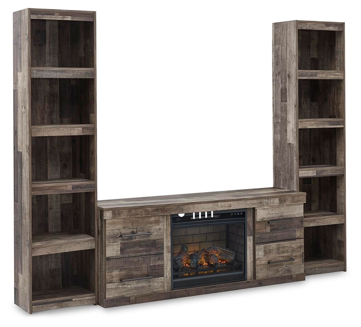 Derekson dark gray entertainment center with electric fireplace, TV shelf, and side bookcases