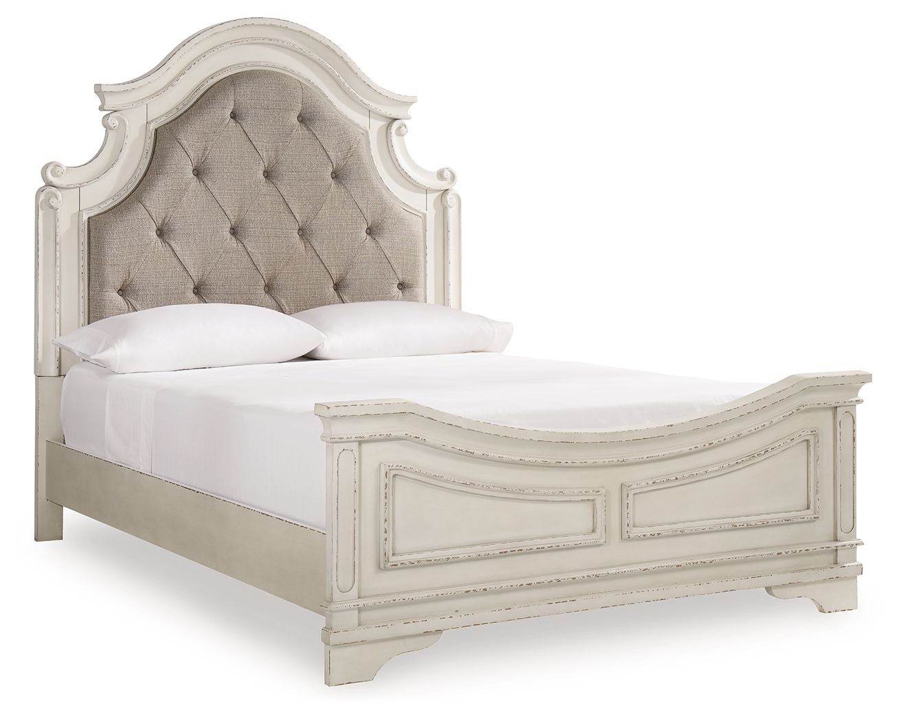 Upholstered panel bed with tufted beige headboard and white frame, two pillows