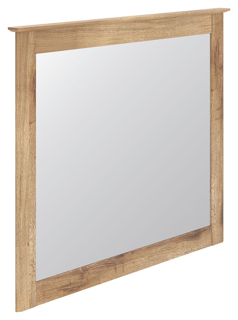 Bedroom mirror with light brown wood frame, angled view with reflective glass