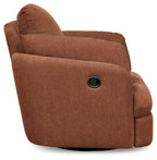 Rust-brown swivel glider recliner with tall back and round black handle detail