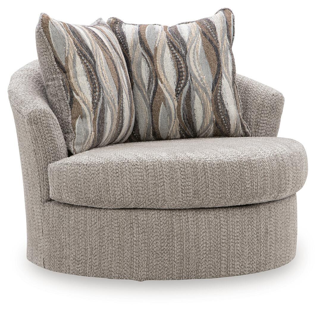 Gray swivel accent chair with textured upholstery and two striped accent pillows
