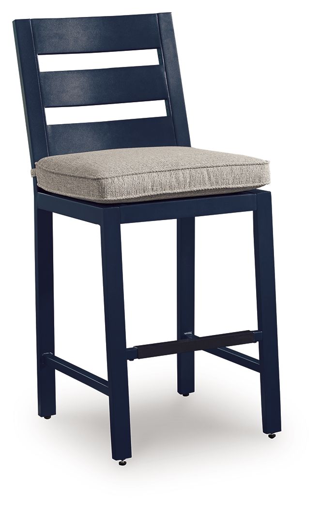 East Beach blue barstool with gray padded seat and ladder-back design