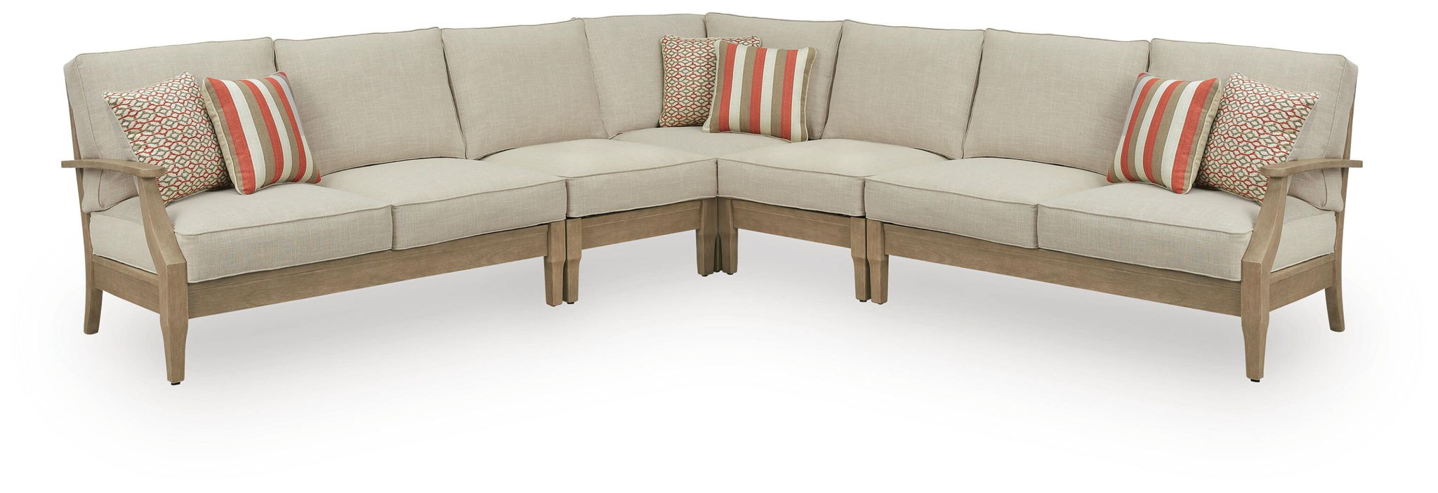 Beige outdoor sectional sofa with striped accent pillows and corner chaise seating