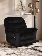 Black upholstered zero-wall recliner with tufted seat and back, padded arms, and footrest