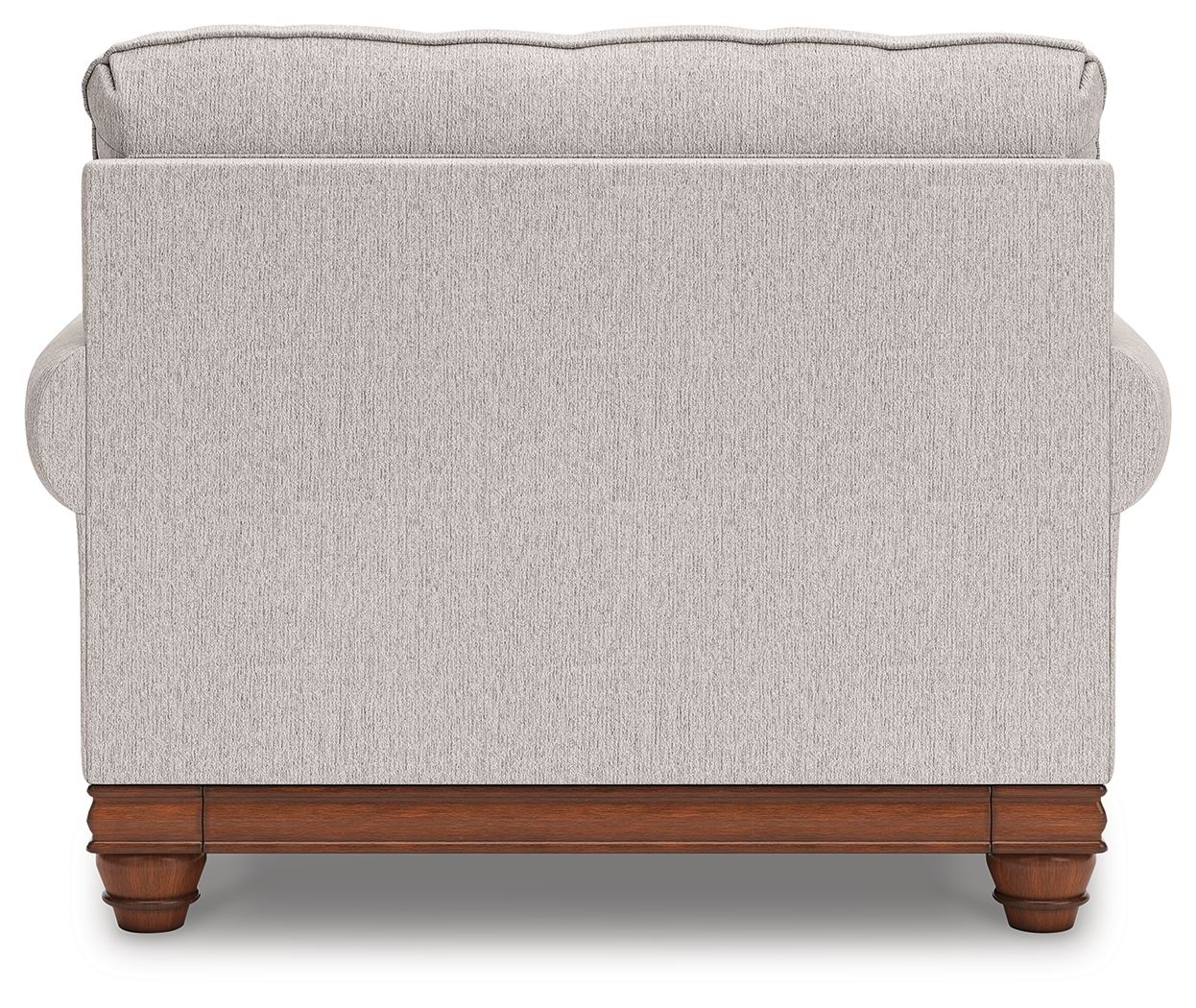Light-gray chair and a half back with rounded arms and dark wood legs