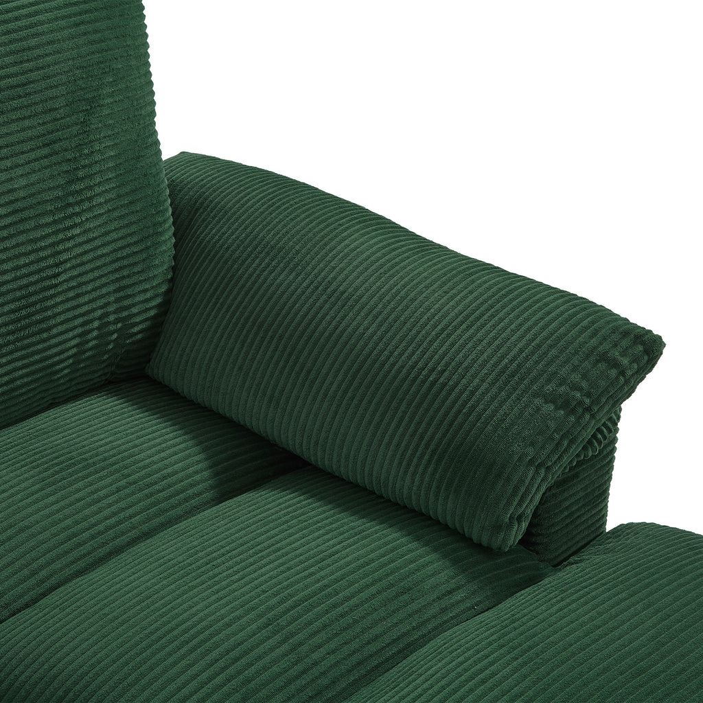 Green corduroy chaise seat cushion with textured horizontal ridges