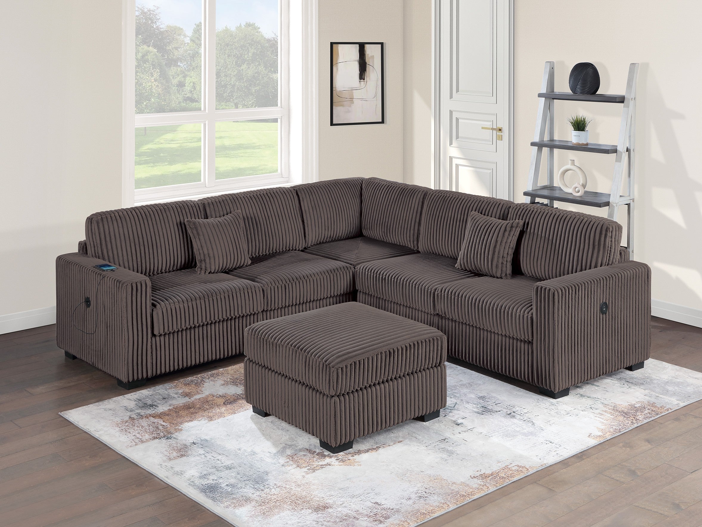 Chocolate Corduroy 4pc Sectional w/ USB, Ottoman & Wedge