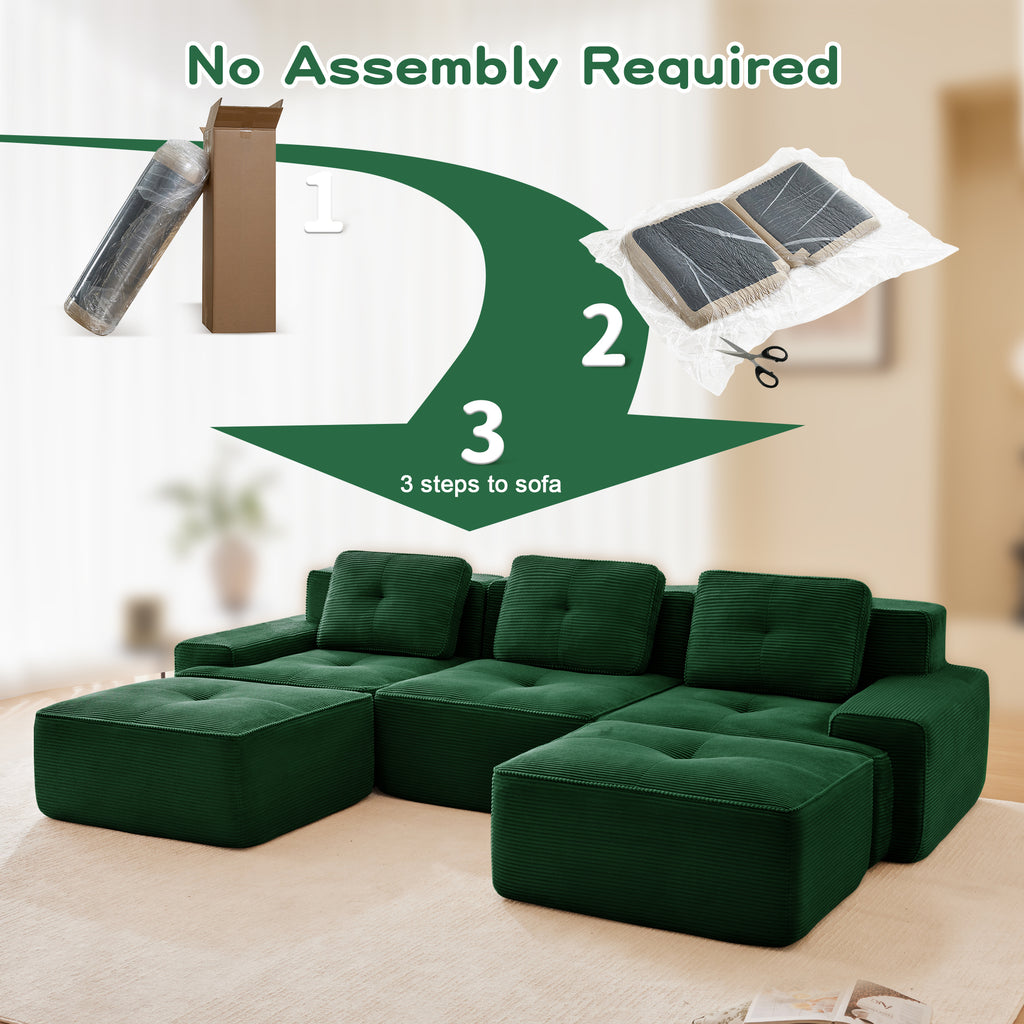Green corduroy modular sectional sofa with U-shape layout, modular ottoman blocks shown