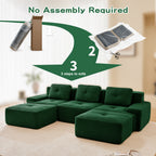 Green corduroy modular sectional sofa with U-shape layout, modular ottoman blocks shown