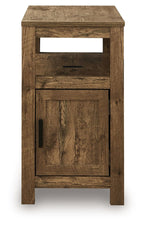 Chair side end table with open shelf and one-door cabinet, medium brown wood grain, black pull.