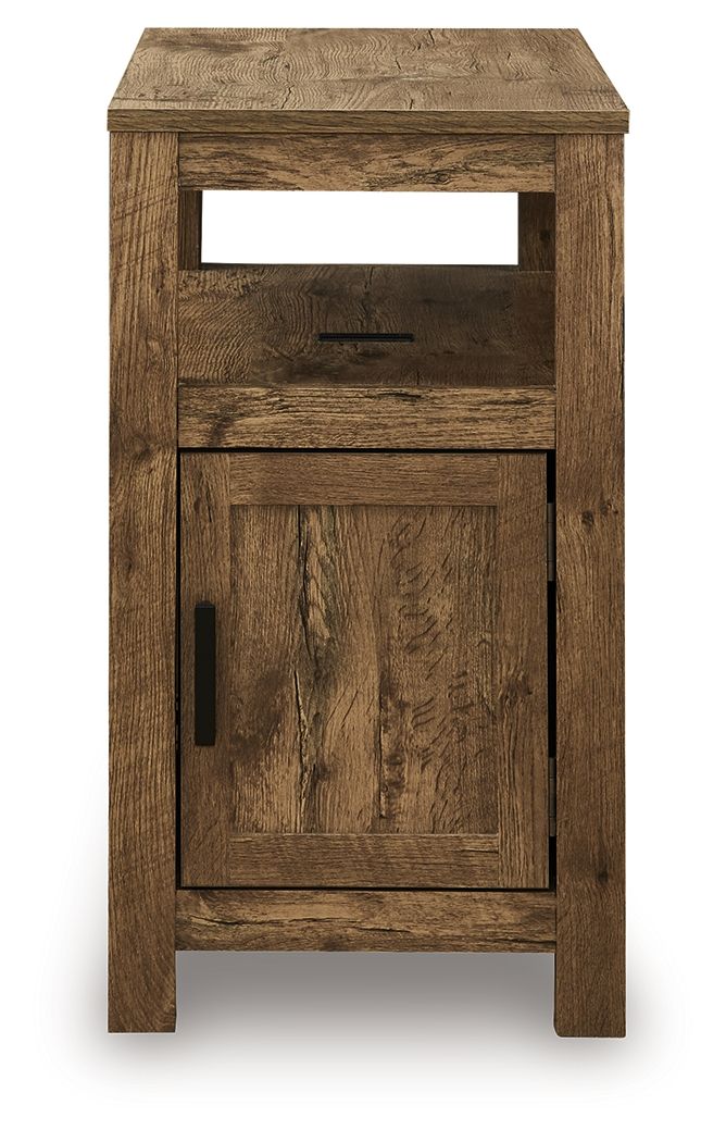 Chair side end table with open shelf and one-door cabinet, medium brown wood grain, black pull.