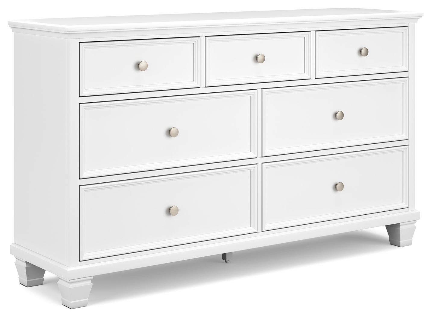 Fortman white dresser with eight drawers and round metal knobs, front view