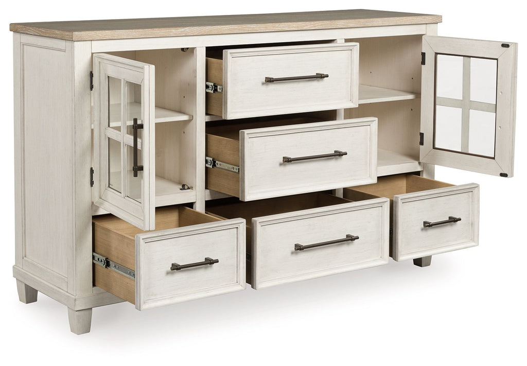 White panel cabinet with open shelving and multiple drawers