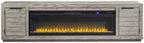 Gray TV stand with wide fireplace insert and two side cabinet doors, flat top