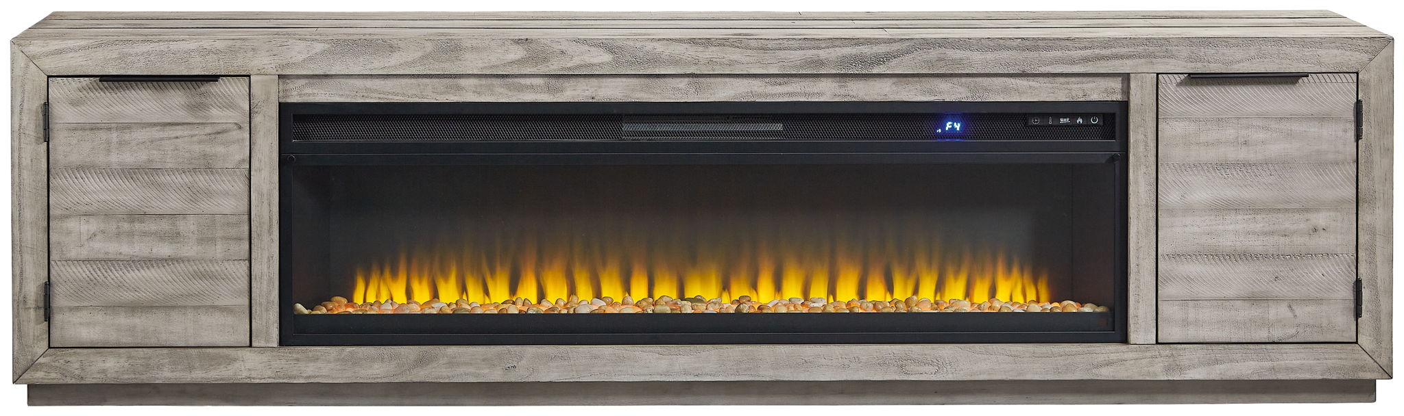 Gray TV stand with wide fireplace insert and two side cabinet doors, flat top
