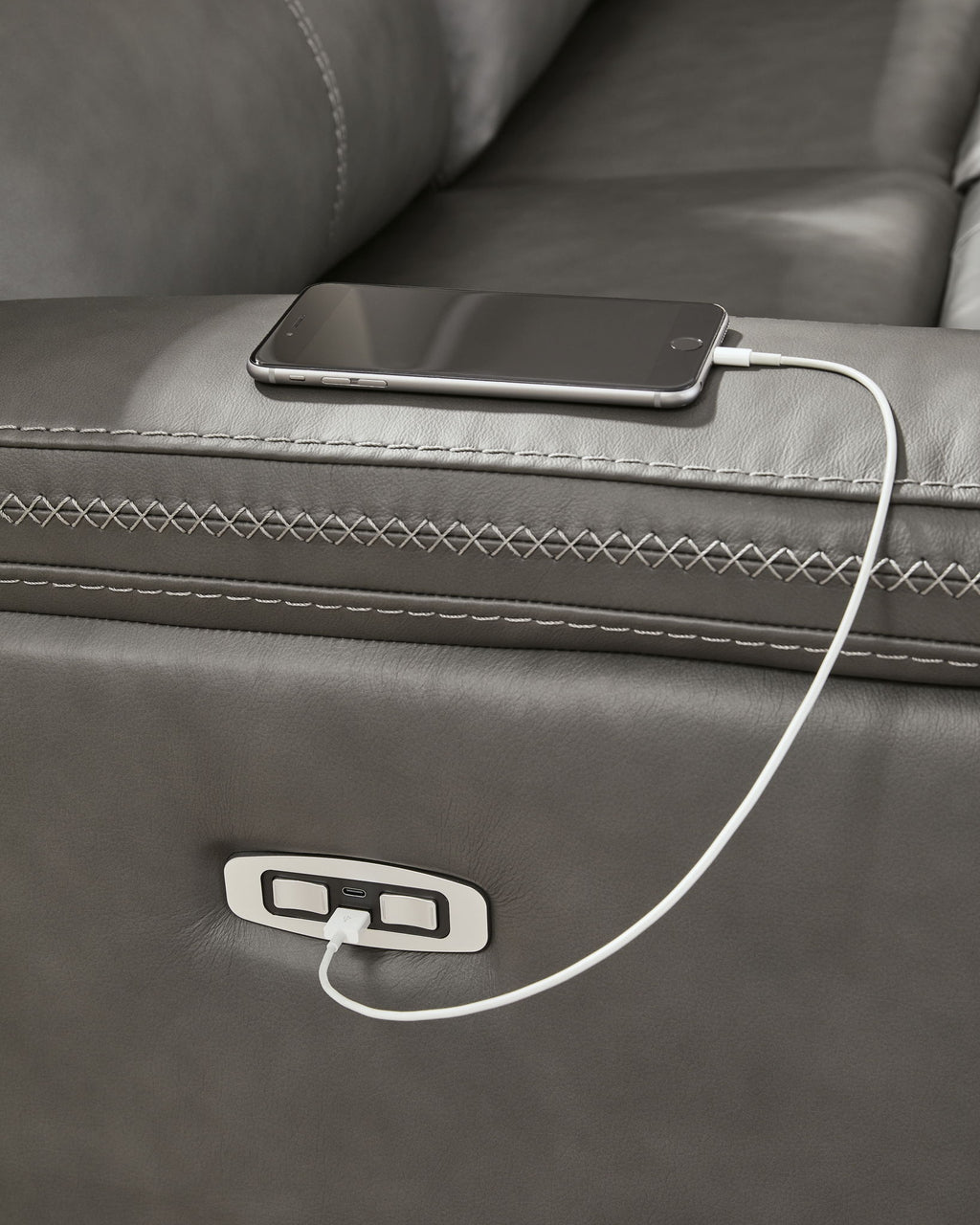 Power reclining sectional sofa console with cup holder and power control button with cable