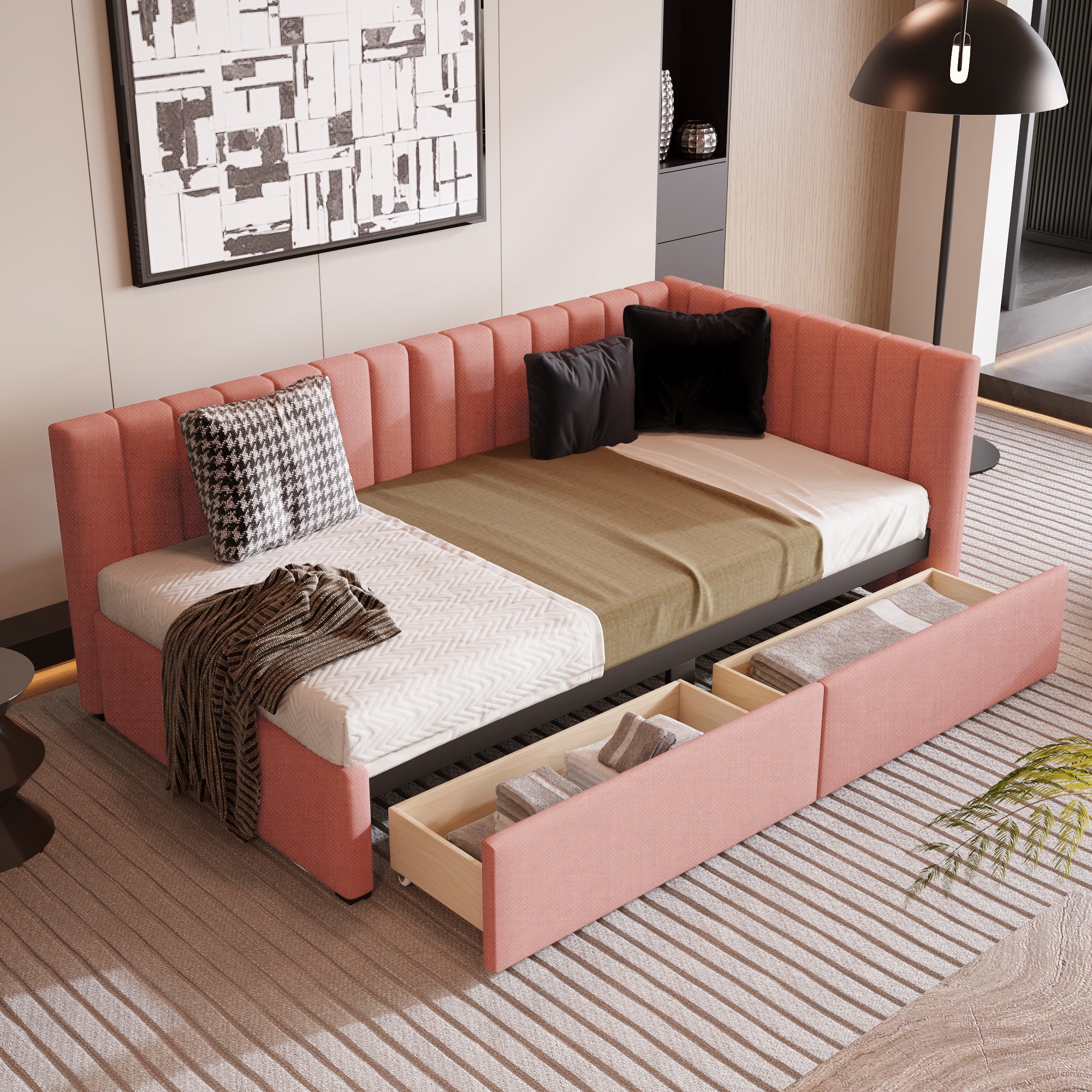 Pink Twin Upholstered Daybed Sofa Bed w/ 2 Storage Drawers No Box Spring