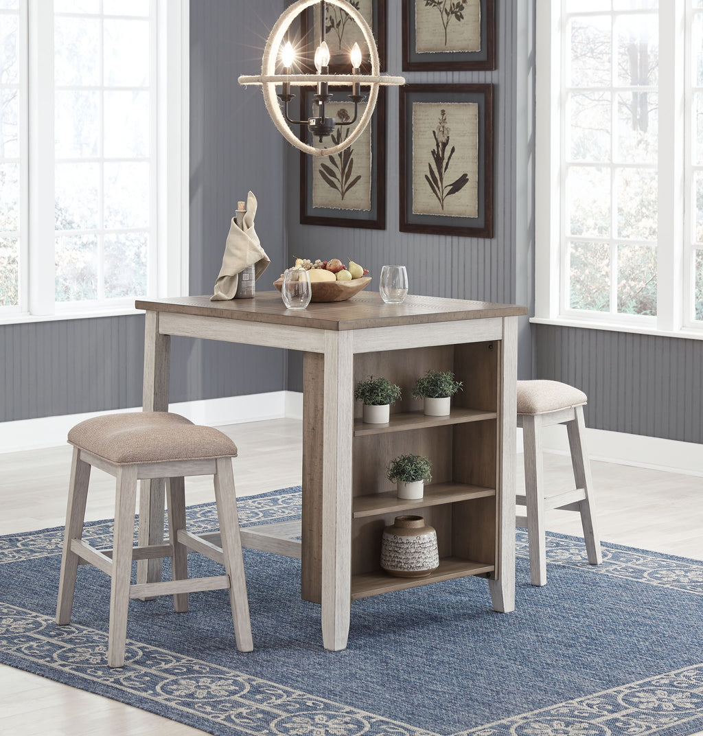 Rectangular counter table with open shelving and two beige upholstered stools