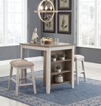 Rectangular counter table with open shelving and two beige upholstered stools
