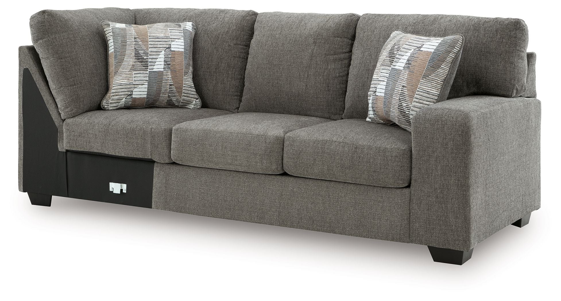 Grey RAF sectional sofa with corner wedge, upholstered arms and seat cushions