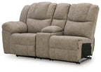 Reclining loveseat with console, light gray-beige fabric, wide arms and footrest