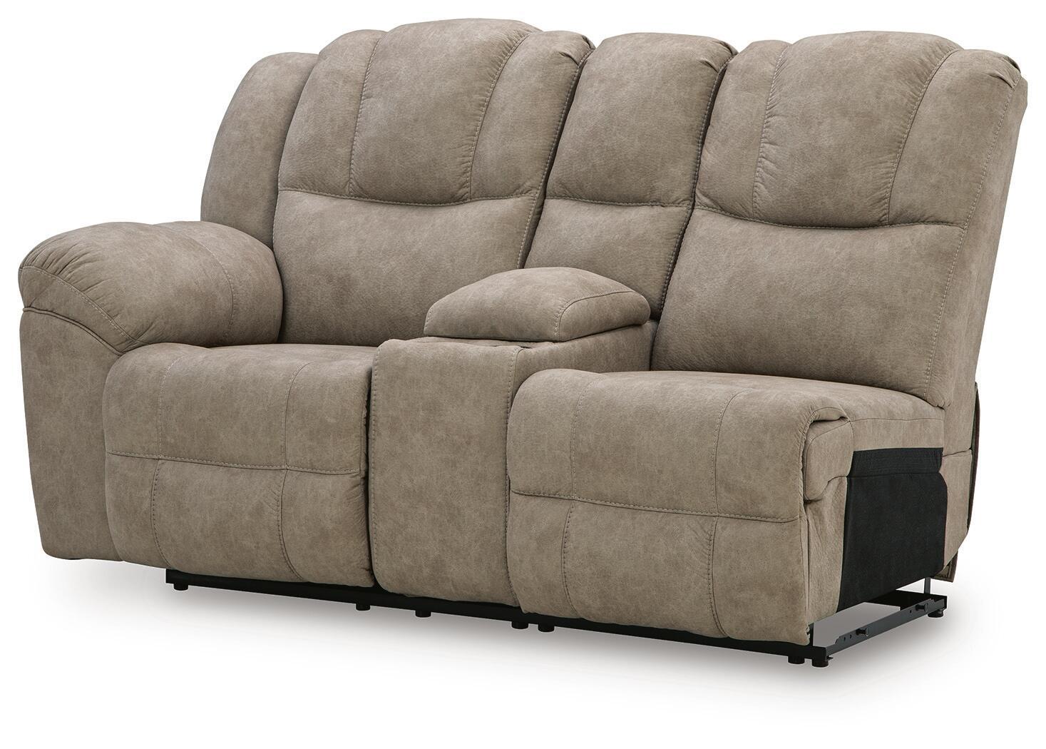 Reclining loveseat with console, light gray-beige fabric, wide arms and footrest