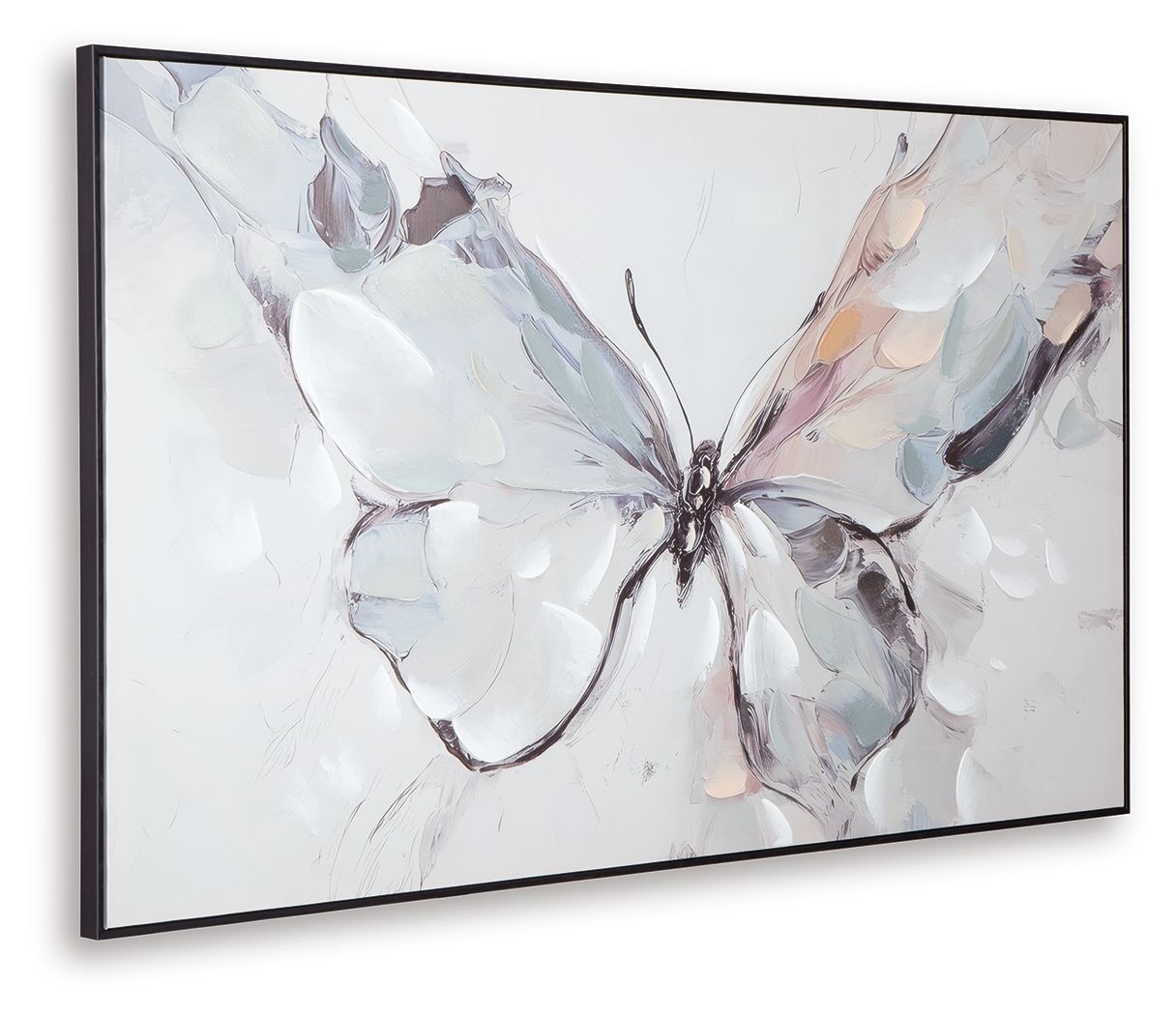 Framed abstract butterfly wall art, close-up view of pastel wings
