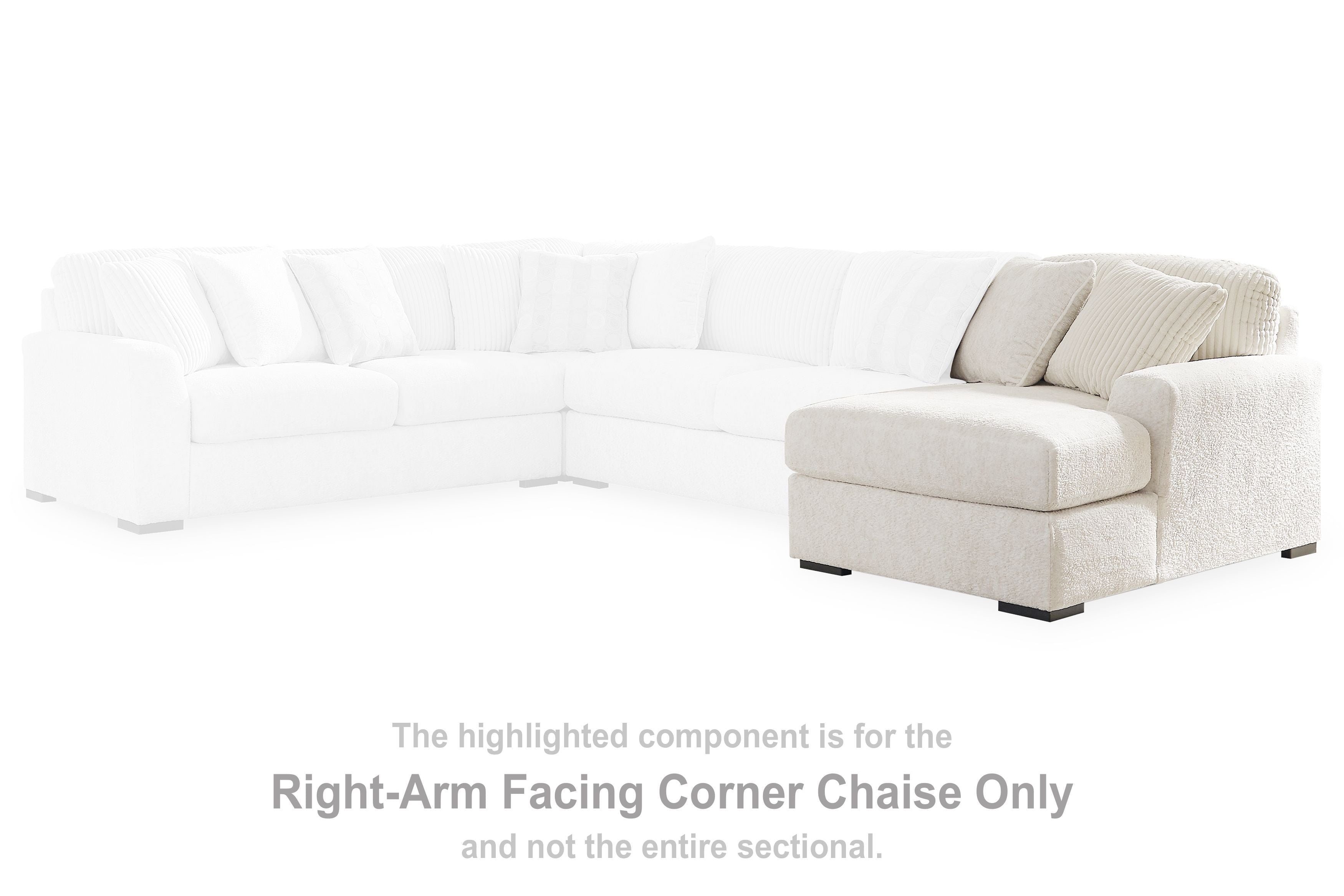 Ivory right-facing corner chaise sectional with deep seat and ottoman-style armrest