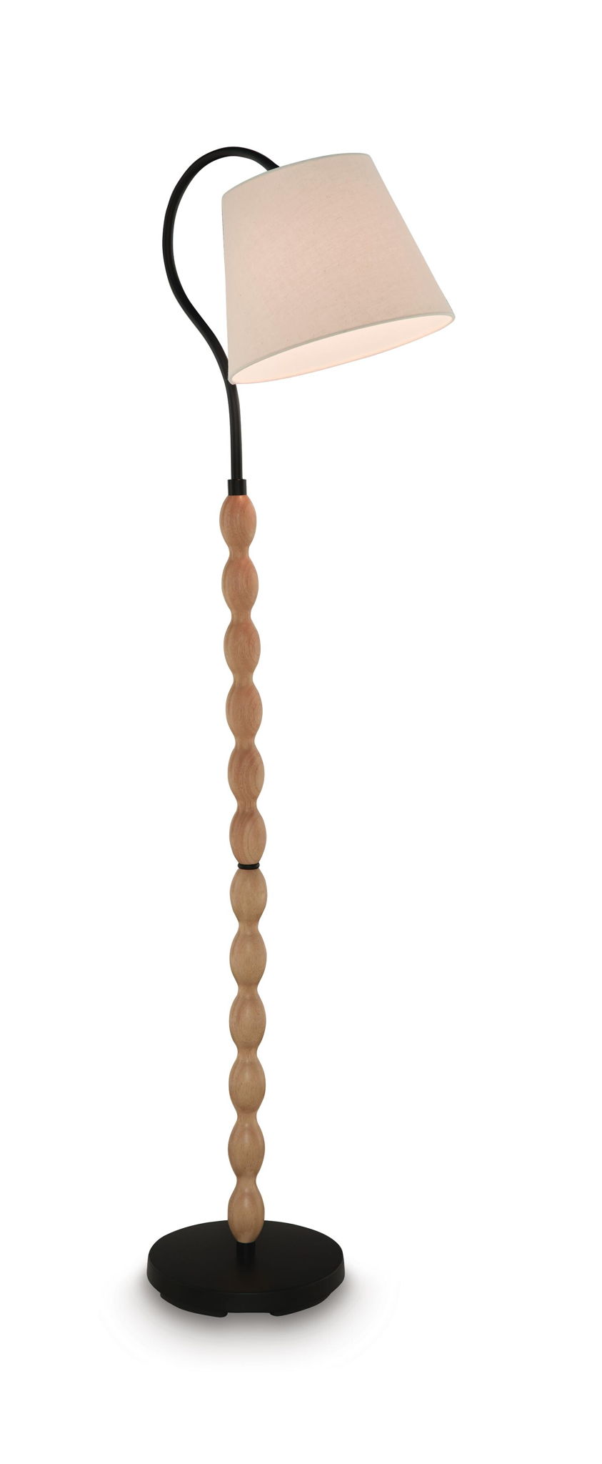 Floor lamp with beige shade, black curved neck, and turned wood column body