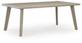 Beige rectangle dining table with smooth tabletop and tapered legs