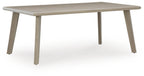 Beige rectangle dining table with smooth tabletop and tapered legs