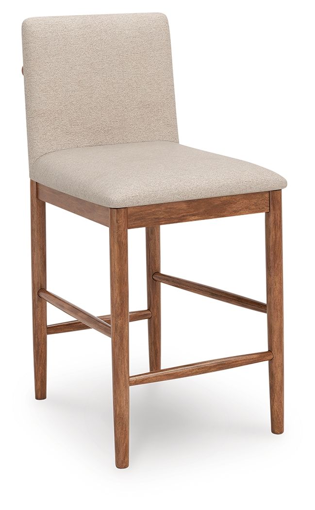 Upholstered barstool with beige fabric seat and tall light wood legs