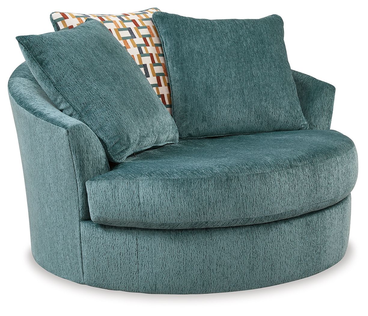 Teal upholstered oversized swivel accent chair with two matching back cushions