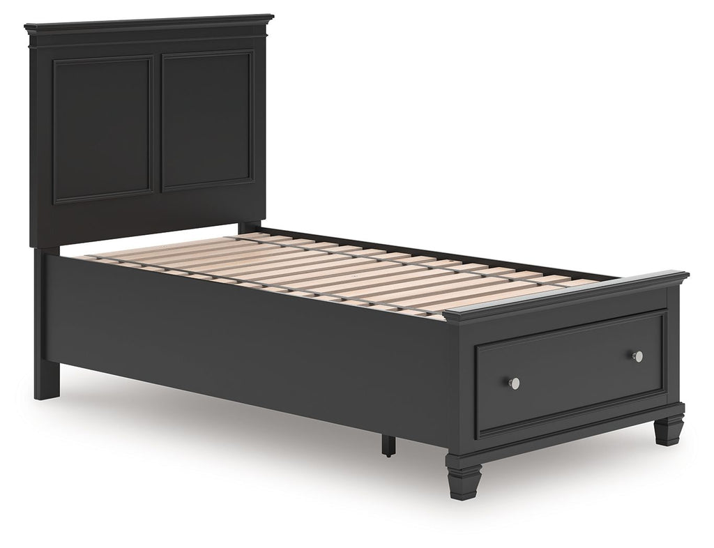 Black panel bed with pullout support slats and two storage drawers on the front.