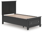 Black panel bed with pullout support slats and two storage drawers on the front.