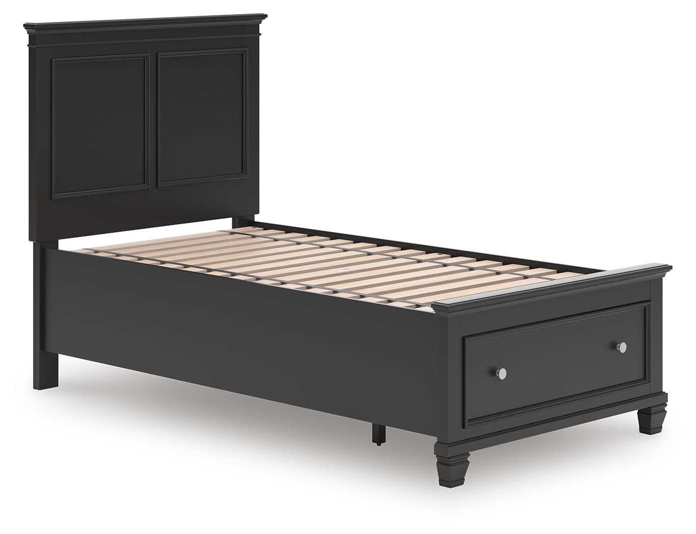 Black panel bed with pullout support slats and two storage drawers on the front.