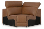 Caramel wedge sofa with manual headrest, center console detail, black side panels
