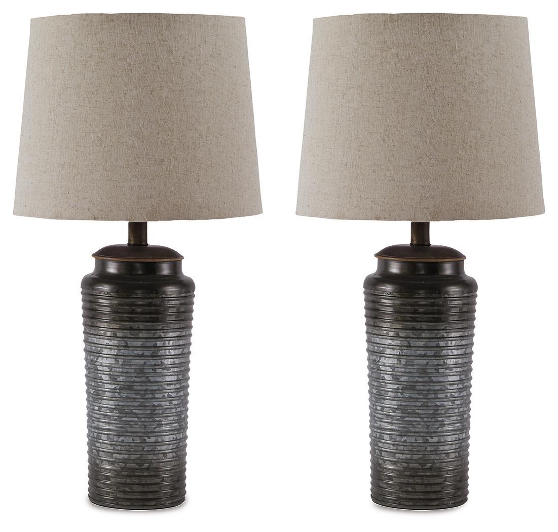 2-piece gray table lamp set with textured dark gray ribbed bases and light gray fabric shades
