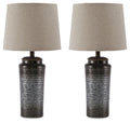 2-piece gray table lamp set with textured dark gray ribbed bases and light gray fabric shades