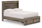 Dark brown panel storage bed with white mattress and low side storage drawers