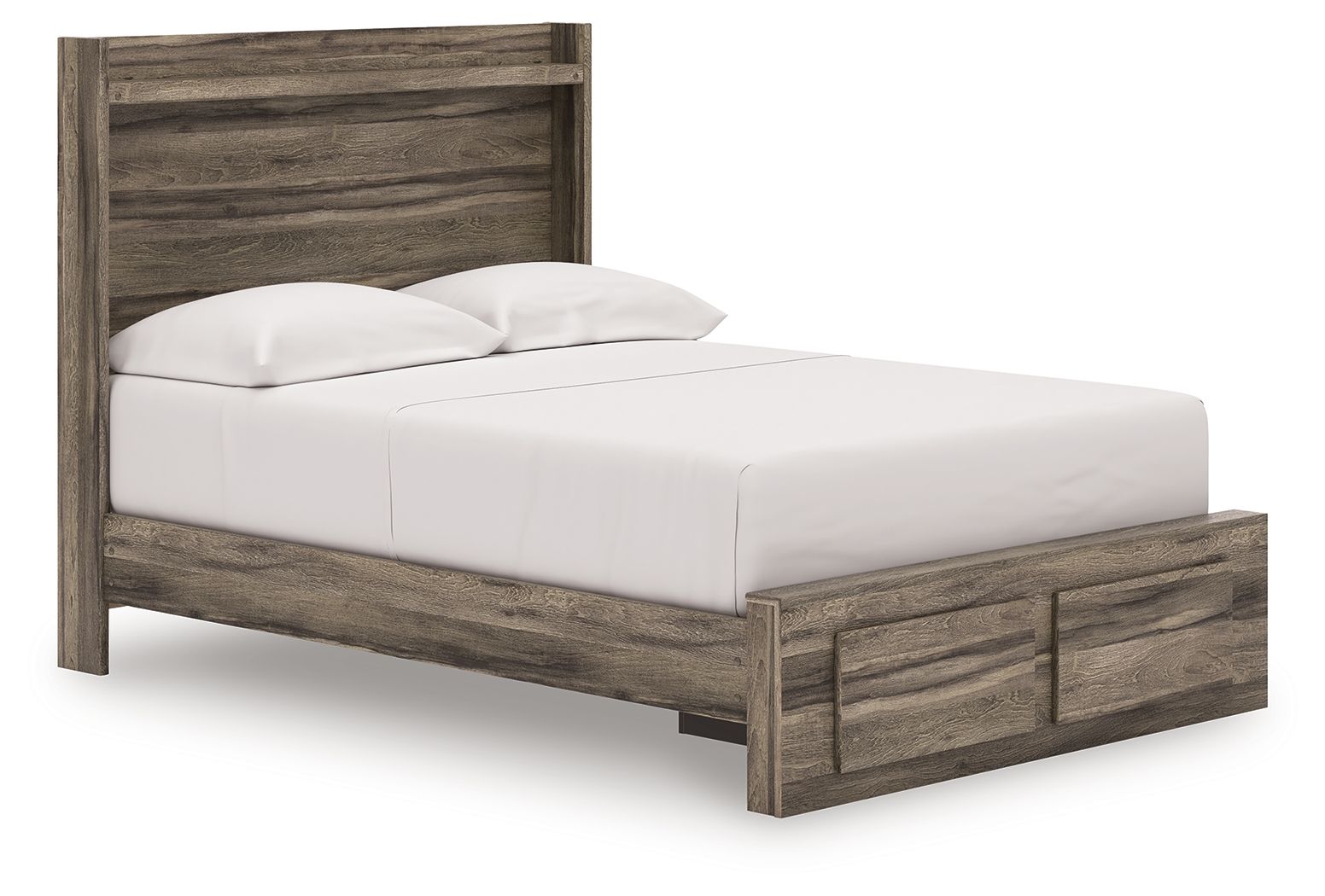 Dark brown panel storage bed with white mattress and low side storage drawers