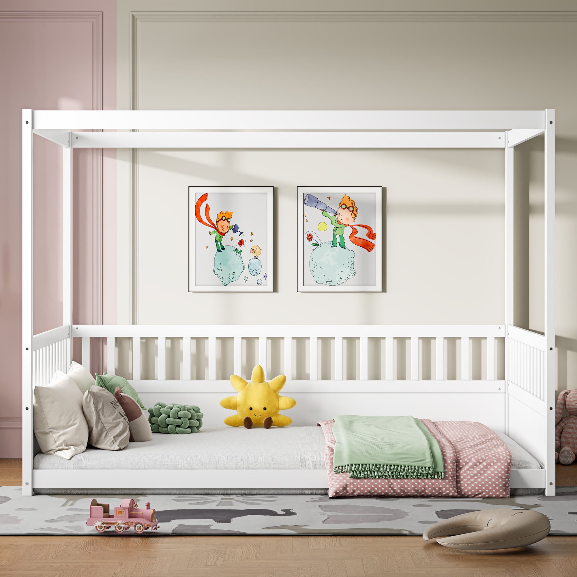 Kids Full Size Wood Canopy Floor Bed Frame with Guardrails White