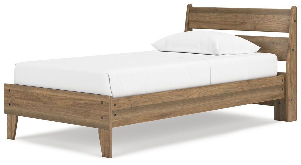Light brown panel platform bed with white mattress and padded rail headboard