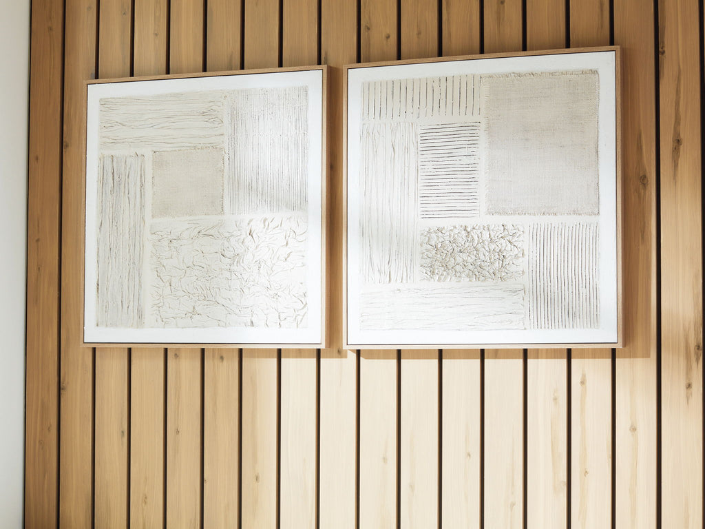 Set of 2 framed abstract wall prints with textured white squares and lines; beige frames